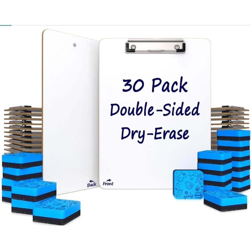 SCRIBBLEDO 30 Pack Dry Erase Clipboards 9x12 Double Sided w/Erasers